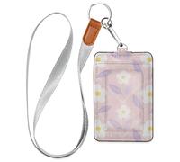 Light Pink Flower Leather Badge Holder Vertical with Lanyard and 3-Card Capacity id and Card Holder for Office School IDs,Hotel Key Cards, Pass Cards