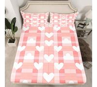 Light Pink Grid Fitted Sheet King Size,Love Hearts Cloud Mattress Cover Shabby Chic Check Plaid Bedding Set for Kids Adults White Orange Pink Deep Pocket Sheet 3Pcs,No Top Flat