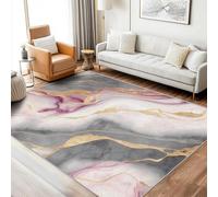 Light Pink Rugs for Living Room Washable, White Grey Marble Area Rug Bedroom Decor, Non Slip Low Pile Soft Floor Carpet 140 x 200 cm, FD5317