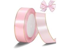 Light Pink Satin Ribbon with Gold Edges, Polyester Easter Ribbon for Spring Gift Wrapping DIY Crafts Supplies Baby Shower Wedding Floral Bouquet Hair Bow Sewing Project Spring Decor, 25 Yds x 1 in