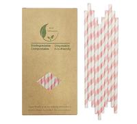 Light Pink Striped Paper Drinking Straws, Disposable Blush Pink White Stripes Straw for Cute Princess Party Decoration, 7.75 Inches, Box of 100
