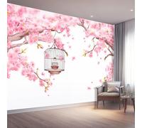 Light Pink Wallpaper Mural & Home Decor, Japanese Style Cherry Blossoms Birdcage Bedroom Wallpaper - Self-Adhesive Large Wall Murals for Living Room Home Decor 350 x 256 cm（WxH