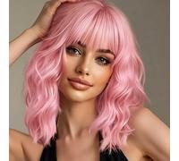 Light Pink Wig for Women Short Wavy Pastel Tone Wavy Bob Wig Shoulder Length with Bangs Colorful Synthetic Wigs for Cosplay Costume Party Use