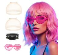 Light Pink Wigs For Women,Loose Curly Pink Wig,Short Curly Wig With Bangs Including Wig Cap And Sunglasses For Halloween,Christmas Parties,Cosplay And Daily Use