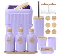 Light Purple Bathroom Accessories Set 17PCS Bathroom Set with Trash Can 3PCS Lotion Soap Dispenser, Toothbrush Holder, Soap Dish,Tumbler Cup,6PCS Wood Tags Bath Accessories with Tray for Bathroom