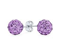 Light Purple Lavender Pave Crystal Disco Ball Stud Earrings for Women - Round, Simple, Basic Design - .925 Sterling Silver - 8MM