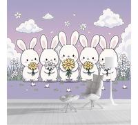 Light purple Wallpaper Mural Sweet Cartoon The rabbit is holding flowers Scene 3D silk Wall Mural Photo Wallpaper, Premium Art Print Decor for Living Room Kids' Bedroom Photo Wall Decoration 350x256cm