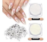 LIGHT RAIN 1.5g White Pearl Chrome Nail Powder Kit - Glass and Pearlescent Transparent Glitter Dust, 1400pcs 2mm Flatback Clear Crystal Rhinestones, 1 Applicator for Nail Art