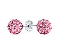Light Rose Pink Pave Crystal Disco Ball Stud Earrings for Women Teens Round Simple Basic Design .925 Sterling Silver - 8MM Size
