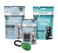 Light & Sensitive Dog Treat Selection with Training Clicker - Arden Grange White Fish Training Treats 80g, Sensitive Crunchy Bites 225g & Light Chicken Crunchy Bites 225g
