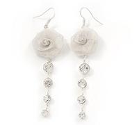 Light Silver Tone Mesh Crystal 'Rose' Drop Earrings - 8cm Length