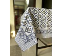 Light Steel Blue, Olive Green Hand Block Printed Cotton Tablecloth, Dining Table Cover Farmhouse Party Wedding Home Housewarming Baby Shower