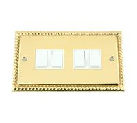 Light Switch 4 Gang - Polished Brass Georgian - White Insert Plastic Switch - 10 Amp Quad 4 Gang 2 Way