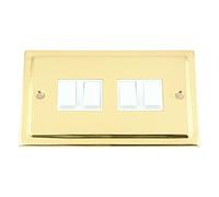Light Switch 4 Gang - Victorian Polished Brass - White Insert Plastic Switch - 10 Amp Quad 4 Gang 2 Way