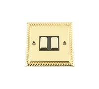 Light Switch Double 2 Gang - Polished Brass Georgian - Black - Metal Rocker Switch - 10 Amp 2 Gang 2 Way