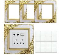 Light Switch Surround,Decorative Light Switch Cover,White Gold Switch Frame DWUENT Elegant Floral Decor for Wall Switch Plates,Self Adhesive,Easy Peel and Stick Installation,4 Pack (13.7cm x 13.7cm)