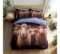 Light tan Bedding Pastoral countryside animal sheep Duvet Cover with 2 Pillowcases, Soft Microfiber Reversible Easy Care Quilt Cover Set for Adults Teens Kids (Super King Size 3PCs 260 x 220 cm)