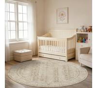 Light Tan Cream Vintage Floral Washable Rug for Living Room Round Rugs 6ft | Circle Carpet 6x6, Neutral Retro Distressed Style, Soft Low Pile, with Non Slip Rubber Backed, for Nursery Bedroom Diningroom