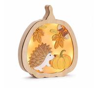 Light Up Autumn Decorations, LED Table Ornaments with Hedgehog, Maple Leaf Pumpkin and Strobile LED Light Up Pumpkins Decor, Wooden Autumn Lights for Indoor Harvest Halloween Fall Home Decor