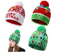 Light Up Christmas Hat 3 Pcs LED Merry Xmas Themed Knitted Hat Soft Unisex Winter Christmas Sweater Cap with Colorful Lights Keep Your Head Warm for New Year, Xmas Decor