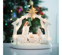 Light Up Christmas Nativity Scene Silhouette Holy Family Figurine Set Resin Jesus Christ Statues Tabletop Ornament Christmas Decorations Indoor (White, 17 * 17 * 12cm)