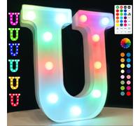 Light Up Colorful LED Marquee Letter Lights, 18 Colors Changing Alphabet Letters Sign with Remote Timer for Night Light Wedding Birthday Party Lamp Christmas Home Bar Decor- Colorful U