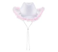 Light Up Cowboy Hats for Women Fluffy Feather Brim LED Cowgirl Hat for Bachelorette, Costume Party, Play Dress Up (White Pink Feather)