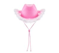Light Up Cowboy Hats for Women Fluffy Feather Brim LED Cowgirl Hat for Bachelorette, Costume Party, Play Dress Up (Pink White Feather)