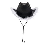 Light Up Cowboy Hats for Women Fluffy Feather Brim LED Cowgirl Hat for Bachelorette, Costume Party, Play Dress Up (Black White Feather)