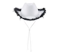 Light Up Cowboy Hats for Women Fluffy Feather Brim LED Cowgirl Hat for Bachelorette, Costume Party, Play Dress Up (White Black Feather)