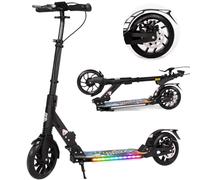 Light-Up Deck Kick Scooter for Kids Ages 8-12, 2 Wheel Foldable Adult Scooter with Dual Brakes, 4-Level Height, 200mm PU Wheels & Aluminum Deck, Portable Commuter Scooter for Teens Adults (Black)