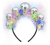Light Up Disco Ball Headband, 2pcs Led Retro Dis-co Headwear Silver Vintage Disco Costume Headpieces Women Girls Head Boppers for Birthday Party, Christmas, Halloween, New Years Disco Hair Accessory