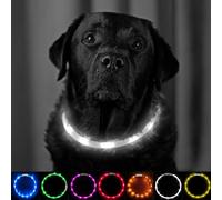 Light Up Dog Collar White - Extra Bright LED Collar - USB Rechargeable - Cut to Fit (20cm to 70cm) with Static or Flashing Mode - Weatherproof, Easy Clean, High Visibility & Full Guarantee