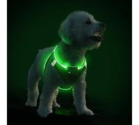 Light Up Dog Harness with Rechargeable LED - Waterproof Reflective Dog Harness Glow in the Dark - Flashing Harness for Puppy Small Medium Dogs Walking in Light, Black Green-S