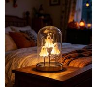 Light Up Ghost in Glass Cloche - Halloween Cute Glass Ghost Light, Cute Glowing Ghost Figurine with Warm LED for Home Kitchen Mantel Tabletop Party Decor and Holiday Decorations