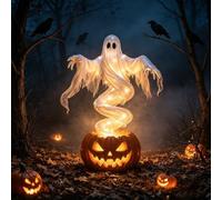Light Up Ghost Pumpkin Decor, Warm LED Spooky Outdoor Yard Ornament | Freestanding Design With Vintage Look, Ideal For Porch, Garden, Yard & Party, Perfect For Halloween & Fall Autumn Ambience