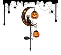 Light Up Halloween Cat Moon and Double Pumpkins Stake Solar Powered Outdoor | Solar Half Moon with Black Cat and Pumpkin, LED Crescent Moon & Pumpkin Lantern - Waterproof Yard (Style 3)
