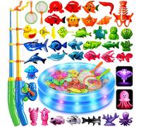 Light Up Magnetic Fishing Toy Set 2026 Upgrade 44PCS Magnetic Floating Fish Ocean Creatures with 2 Poles, Bath Toy, Outdoor Pool Toy Montessori Educational for Toddlers Kids Age 3+