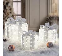 Light up Present Boxes Christmas, ELKTRY 8 Modes 3 Christmas Parcel Lights with Timer, Bows, Pine, Silver Beads, Gift Boxes Xmas Decorations for XmasTree Indoor/Outdoor