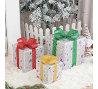 Light Up Present Boxes, Set of 3 Light Up Boxes Gift, Illuminated White Snow Present Lights Gift, Indoor Outdoor Decoration Xmas Lights Warm light + color light A