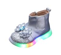 Light Up Shoes for Girls Flower Decorated Ankle Boots LED Flashing Lightweight Mid Calf Booties Stylish Casual Side Zipper Round Toe Cowboy Boots (5.5 Toddler) Silver