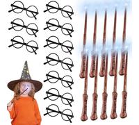 Light Up Wand and Round Glasses Frame Set, 20Pcs 14" Wand Pencils and 1.9" Wizard Glasses Halloween Decor School Perform Prop for Kids Halloween Birthday Gifts Cosplay Party