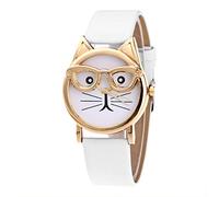 Light up Watches Dial Fashion with Glasses Watch Strap Quartz Women's Women's Watch Mens Leather Strap Watches (White, One Size)