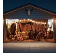 Light Up Western Cowboy Garage Door Cover 6ft x 13ft Halloween Western Party Decorations Wild West Barn Backdrop with Lights Rodeo Birthday Party Decorations Boots on The Ground Backdrop
