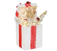 Light-Up White Wooden Christmas Box with 20 Warm White LED Lights | Battery-Powered Holiday Décor with Natural or Red Ribbon | Rustic Indoor Xmas Parcel