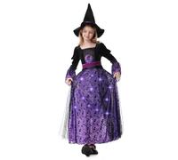 Light Up Witch Costume for Girls 5-14 with Hat Puff Sleeves Children's Halloween Wicked Costumes Black and Purple (12-14 Yrs，X-Large)