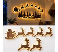 Light Up Wooden Christmas Reindeer Wall Decor，7PCS：B | LED Christmas Santa Sleigh Wall Art, Illuminated Reindeer Silhouette Metal Sign, Warm Backlit Holiday Wall Decor
