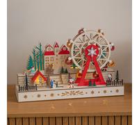 Light Up Wooden Christmas Village Scene with Rotating Ferris Wheel
