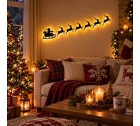 Light Up Wooden Santa Sleigh Reindeer Christmas Wall Decor - Remote (A) | Peel & stick tree village art. Warm glow, easy installation, reusable holiday decoration for living room, bedroom, hallway