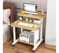 Light Walnut 3-Tier Rolling Desk with Monitor Stand Compact Laptop Table with Storage Shelves Ideal for Small Spaces and Home Office Use Size: 29" W